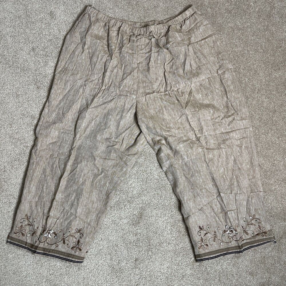 dressbarn 100% Linen Capri Embellished Beaded Legs Pants Pull On Size 20w Beige